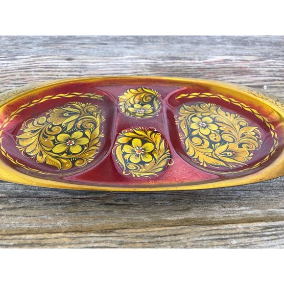 Vintage small Toleware Floral Tidbit relish tray Red Gold - Picture 6 of 11